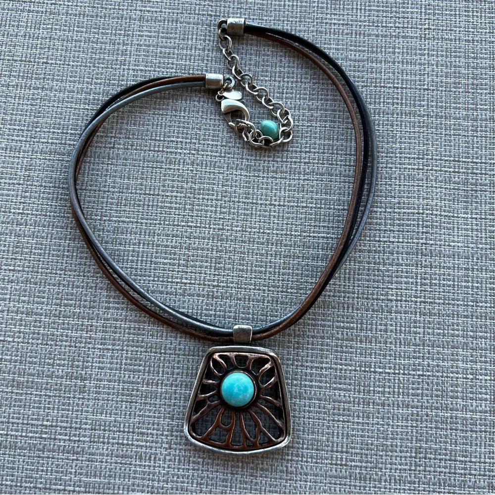 Chico's Silver-Tone Pendant Necklace with Turquoise Blue Stone and Dark Cord - Picture 1 of 3